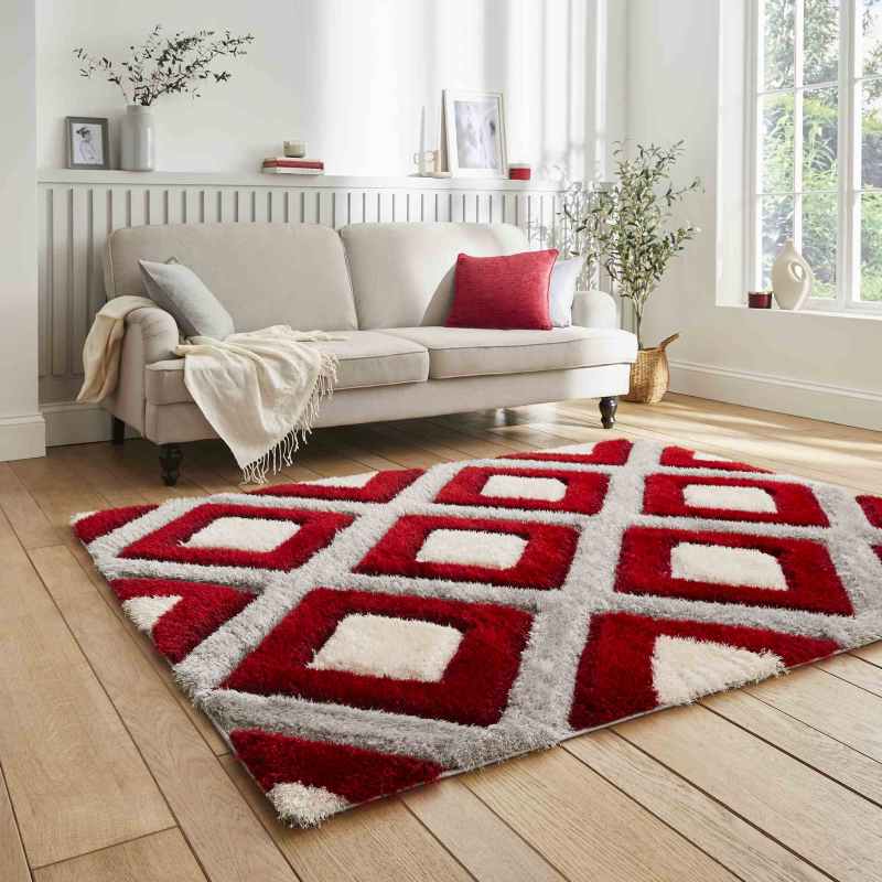 Olympia GR224 Modern Geometric Shaggy Rugs in Grey Red