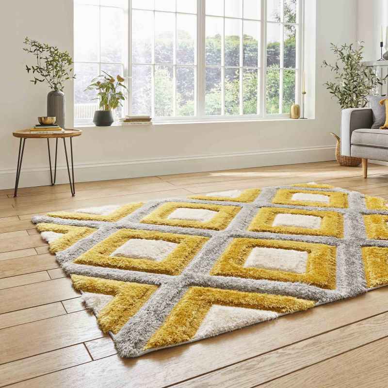 Olympia GR224 Modern Geometric Shaggy Rugs in Grey Yellow