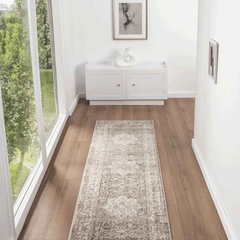 Vintage 865AC Traditional Border Motif Runner Rugs in Cream Light Beige
