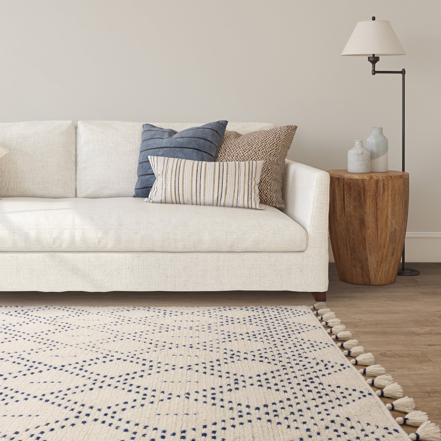 Nepal Boho Linear Berber Wool Rugs in Cream Blue