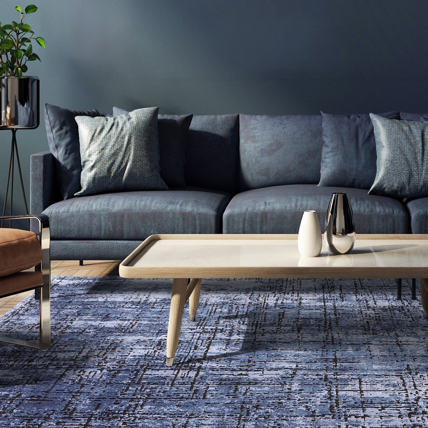 Kuza Abstract Modern Distressed Rug in Navy Blue