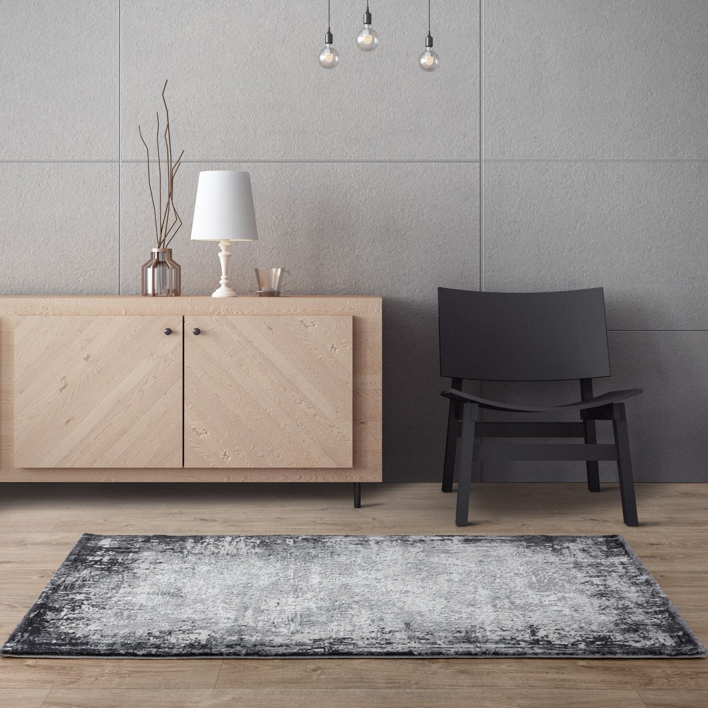 Kuza Border Modern Distressed Rug in Grey