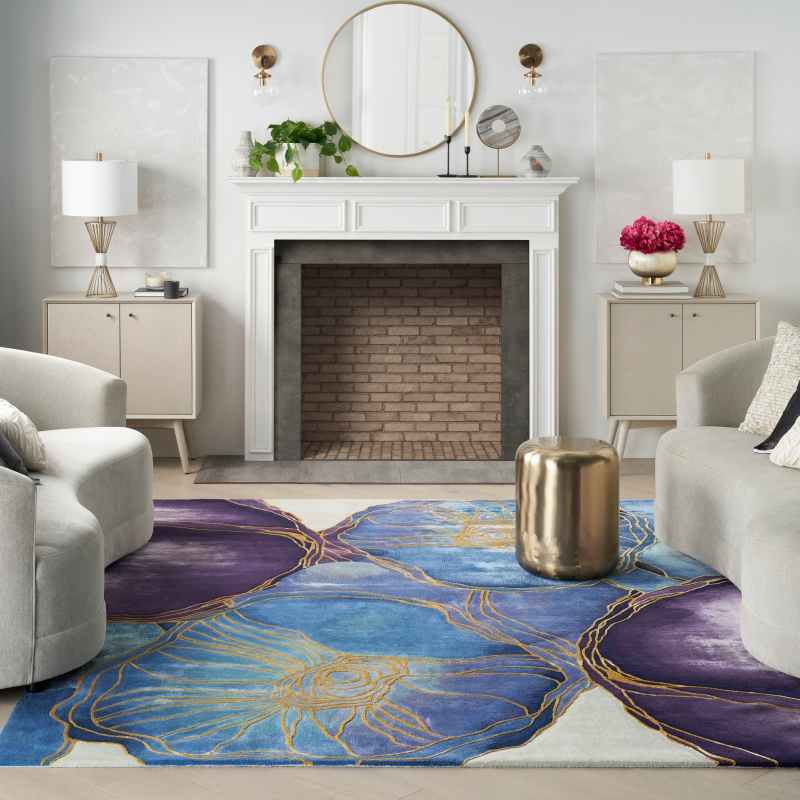 Prismatic Floral Carved Rugs PRS32 by Nourison in Blue Gold