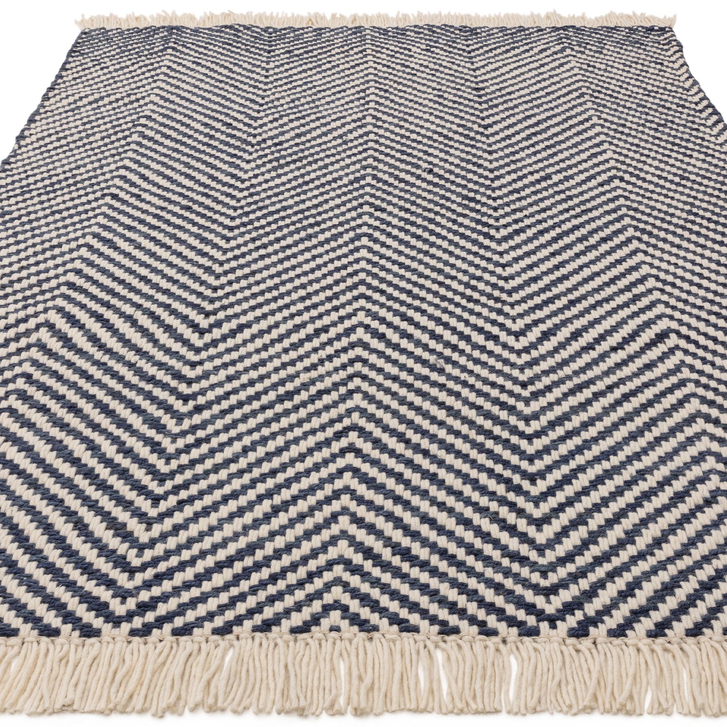 Vigo Flatweave Geometric Boho Jute Wool Rugs in Navy Blue