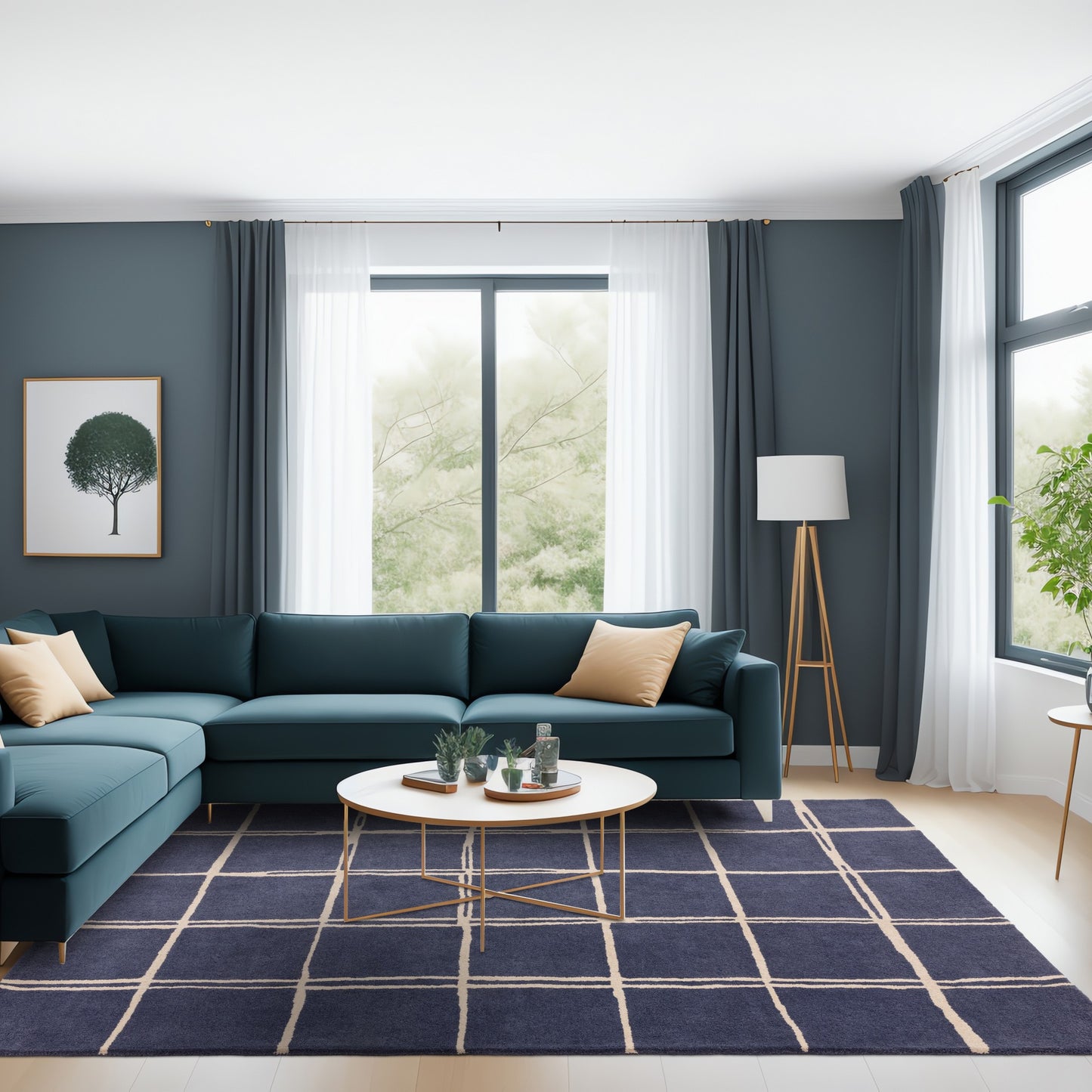 Albany Grid Modern Geometric Wool Rugs in Marine Blue