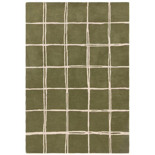 Albany Grid Modern Geometric Wool Rugs in Olive Green