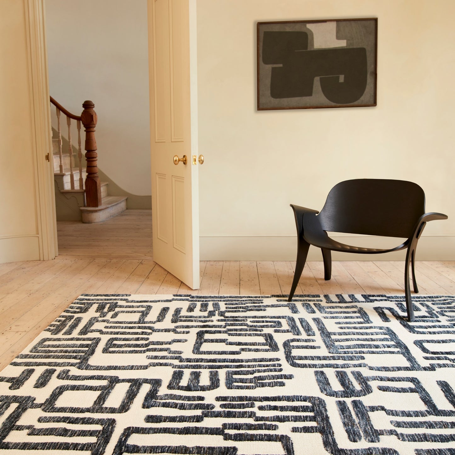 Mason Script Modern Abstract Rugs in Blue & Cream