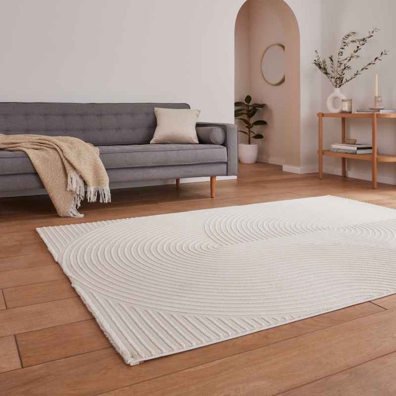 Flores 1924 Spiral Textured Washable Rug in Cream White