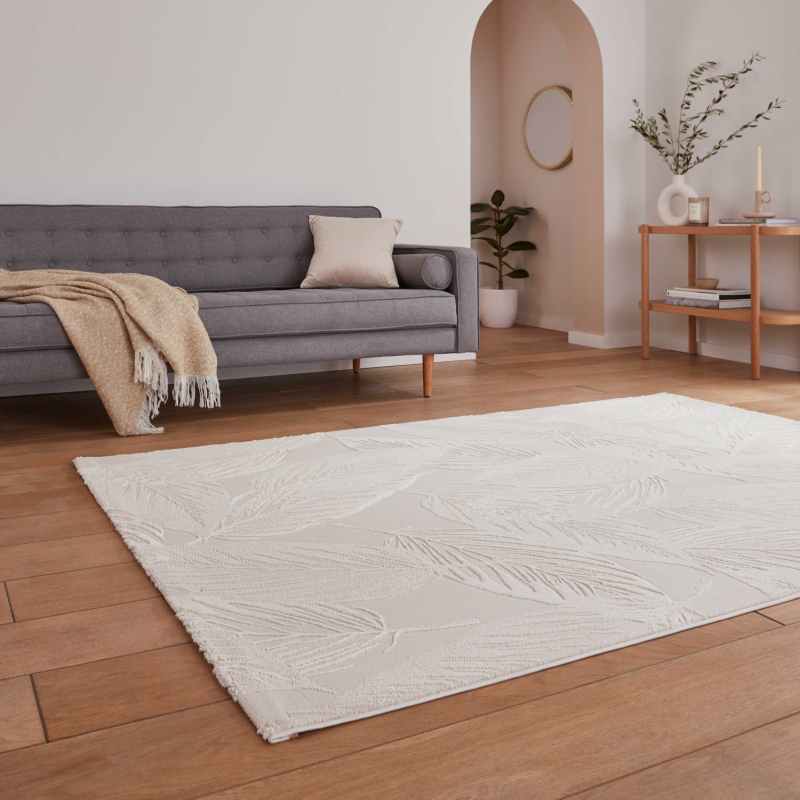 Flores 1925 Botanical Textured Washable Rug in Cream White