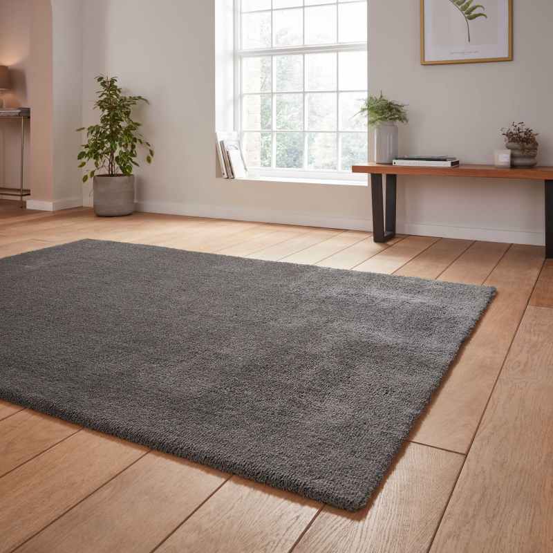Kara Plain Shaggy Washable Rug in Charcoal Grey