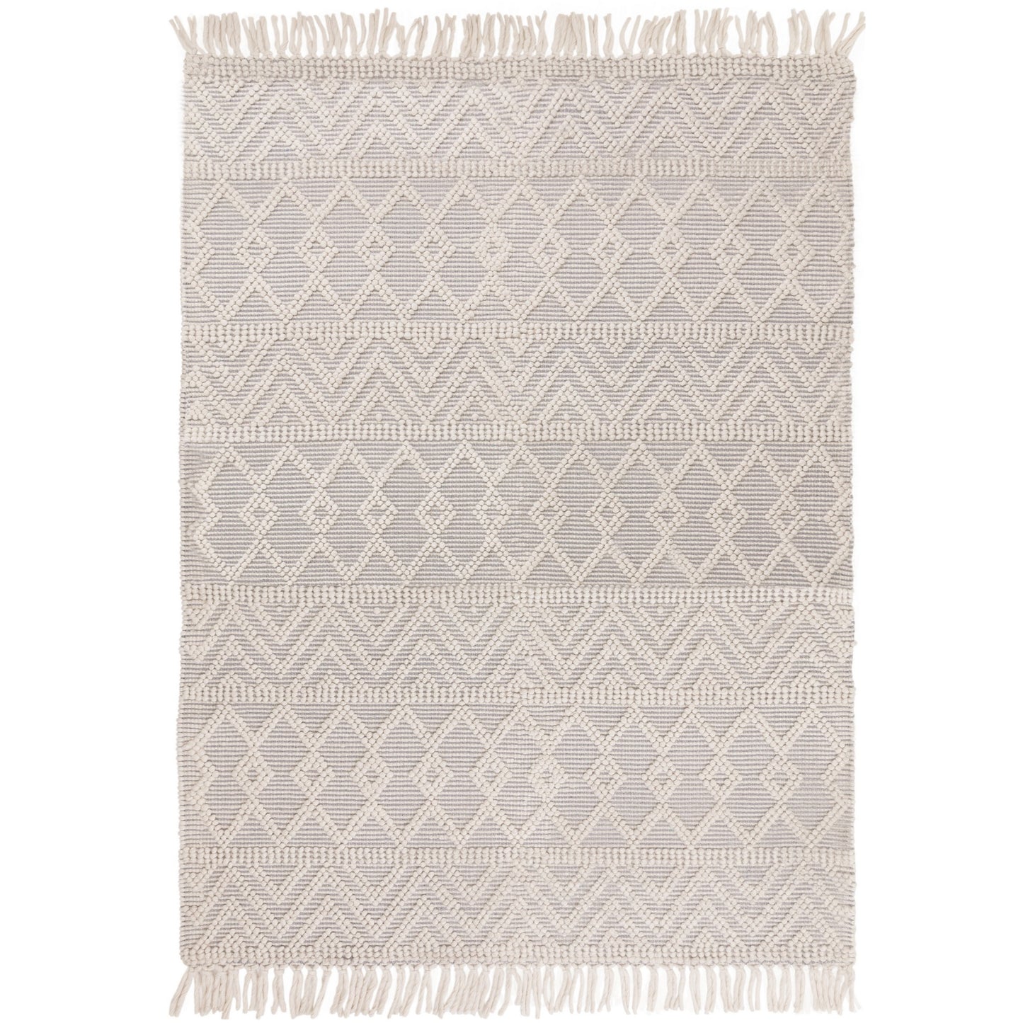 Asra Boho Tribal Fringed Wool Flatweave Rug in Grey