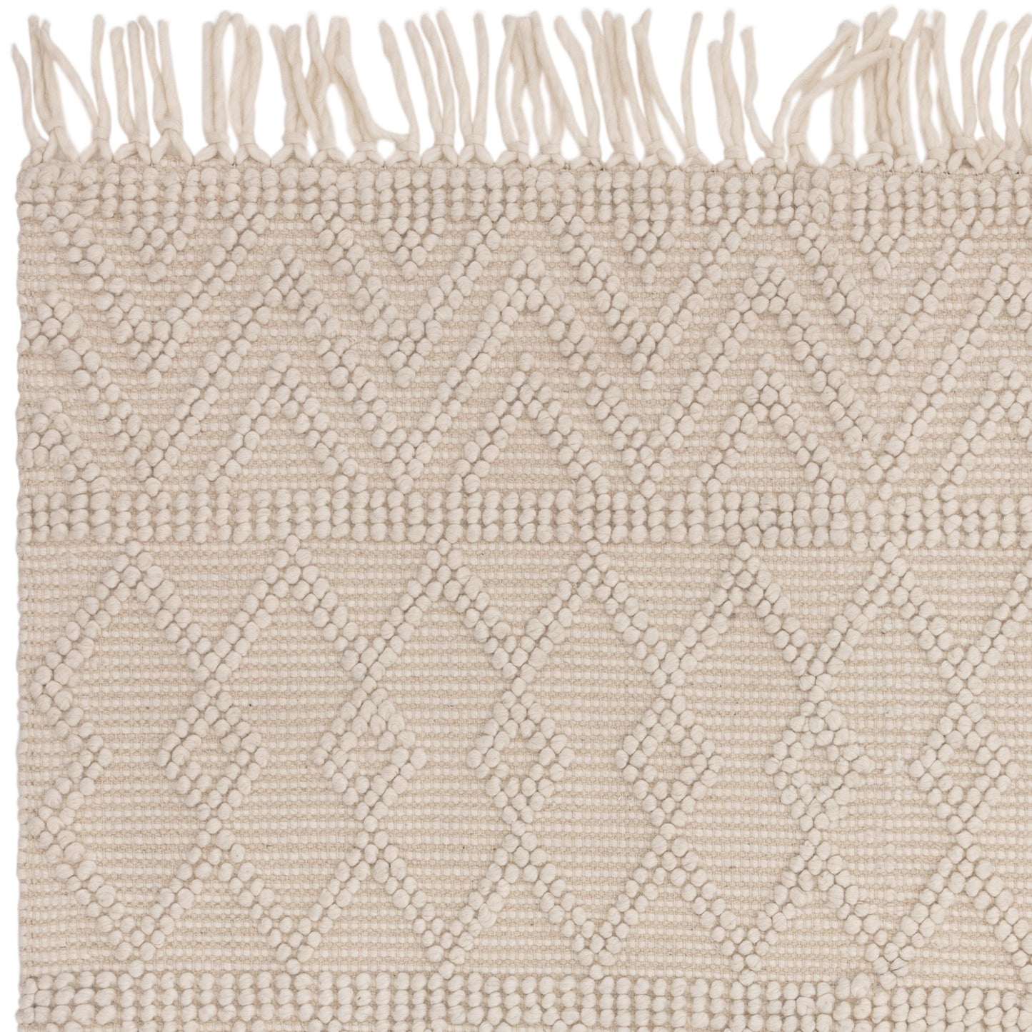 Asra Boho Tribal Fringed Wool Flatweave Rug in Ivory White
