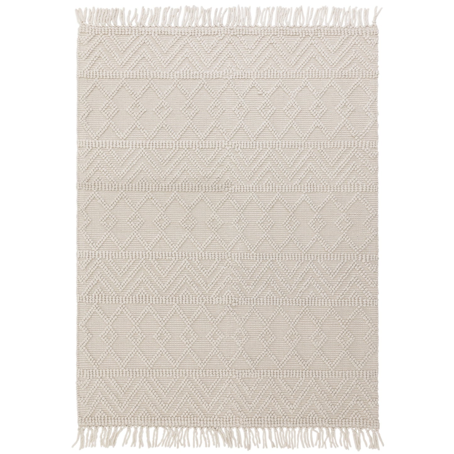 Asra Boho Tribal Fringed Wool Flatweave Rug in Ivory White