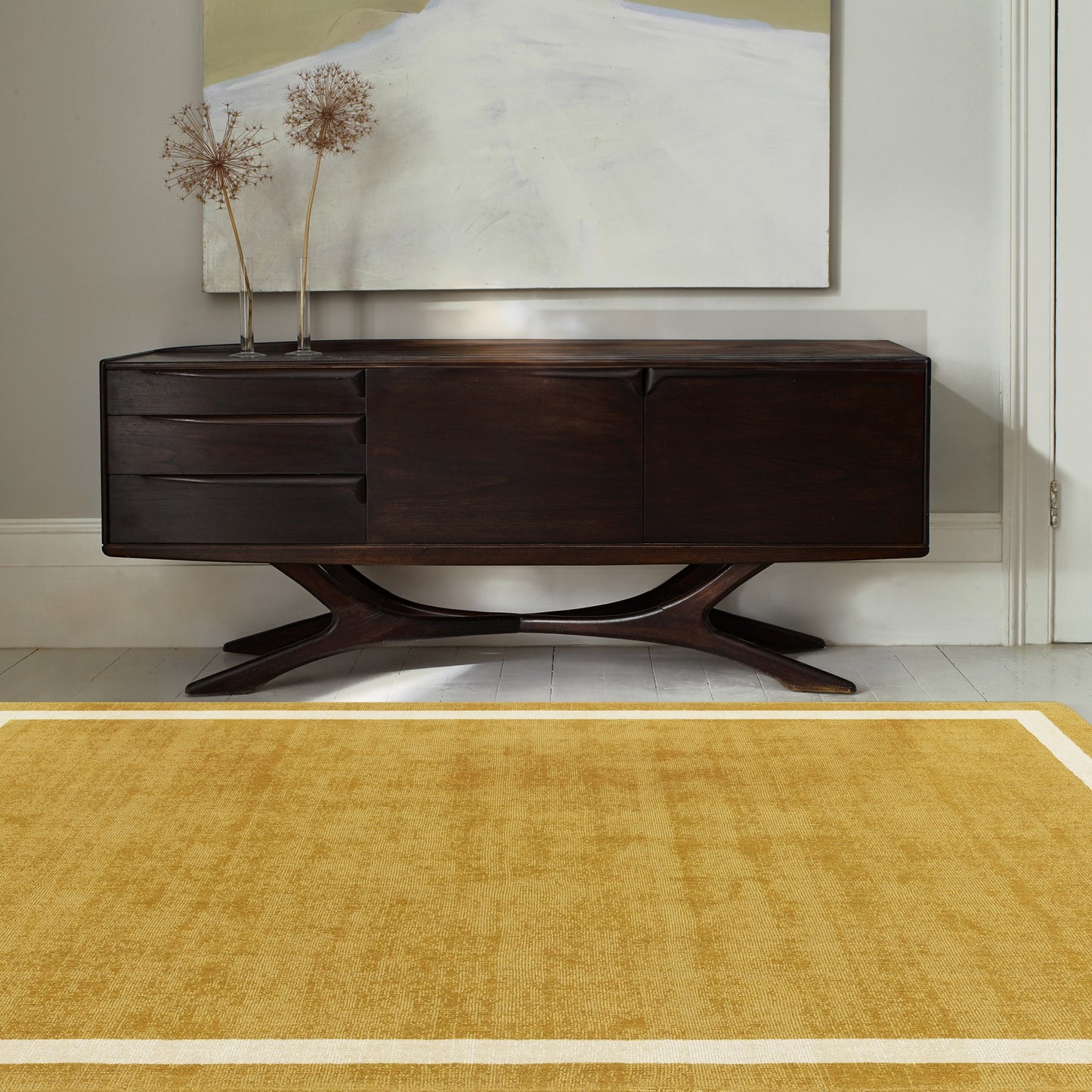 Albi Border Plain Classic Wool Rugs in Ochre Yellow