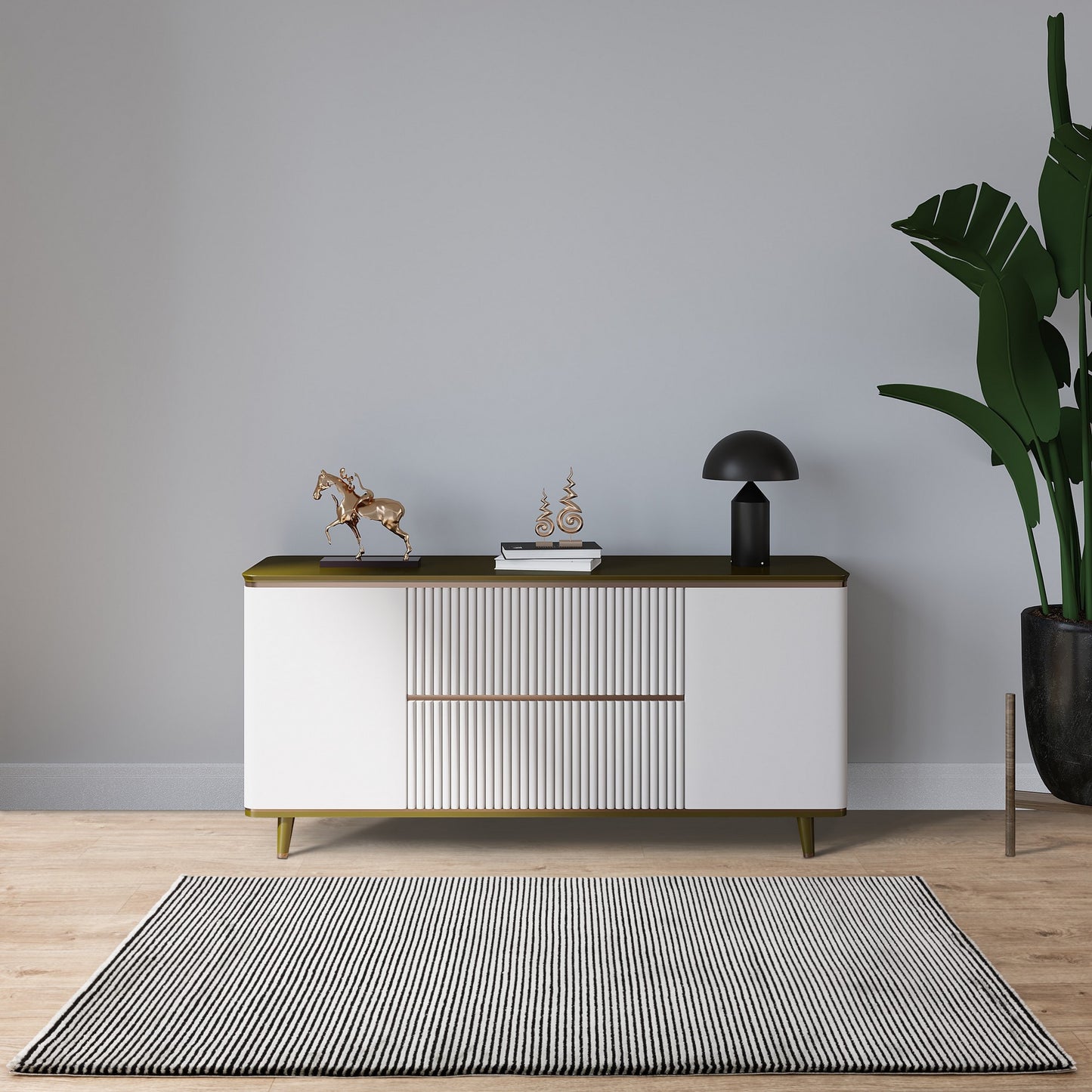 Kuza Plain Stripe Modern Rugs in Khaki Green