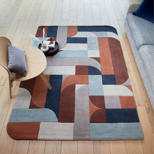 Matrix Klotski MAX88 Wool Geometric Rugs in Terracotta Orange