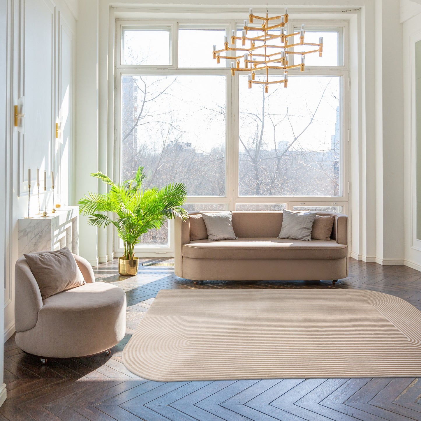 Kuza Shape Abstract Stripe Modern Rugs in Gold Cream