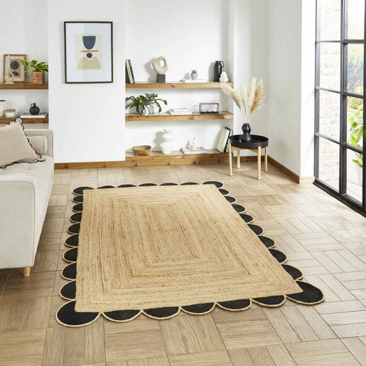 Savannah Jute Scallop Plain Flat Weave Rugs in Black