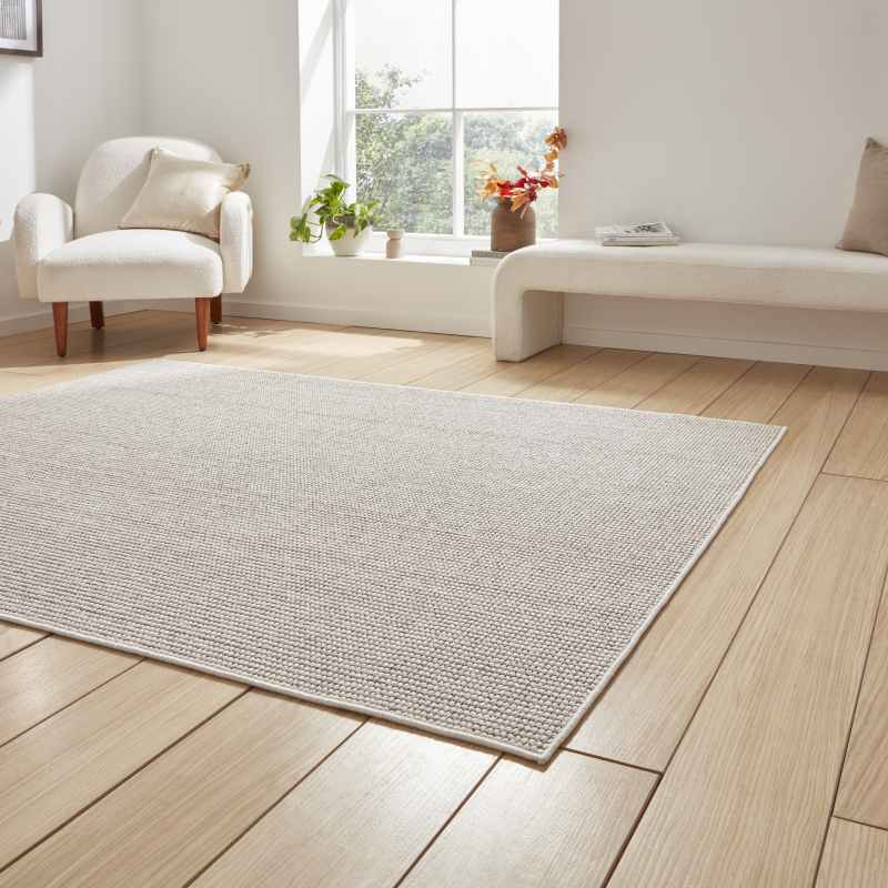 Boucle E6404 Plain Flat Weave Textured Rugs in White Brown