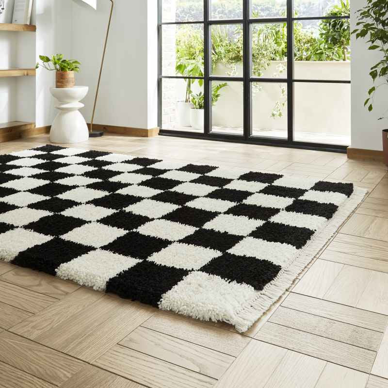 Boho 9433 Checkerboard Shaggy Modern Rugs in Black White