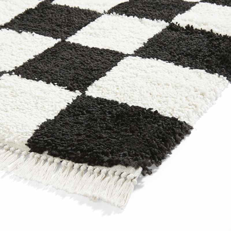 Boho 9433 Checkerboard Shaggy Modern Rugs in Black White