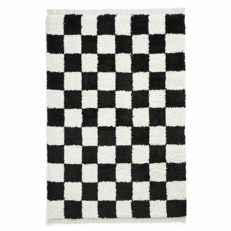 Boho 9433 Checkerboard Shaggy Modern Rugs in Black White