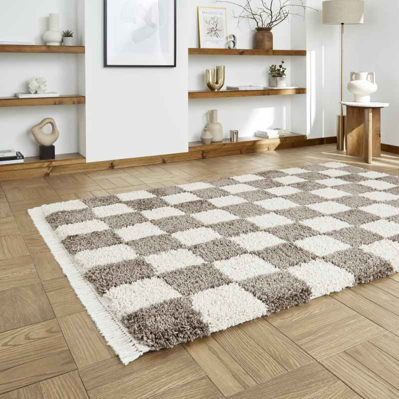 Boho 9433 Checkerboard Shaggy Modern Rugs in Cream White