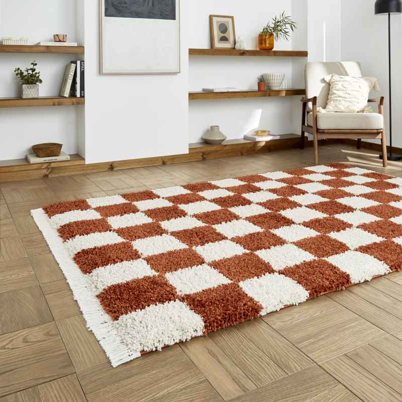 Boho 9433 Checkerboard Shaggy Modern Rugs in Rust Brown