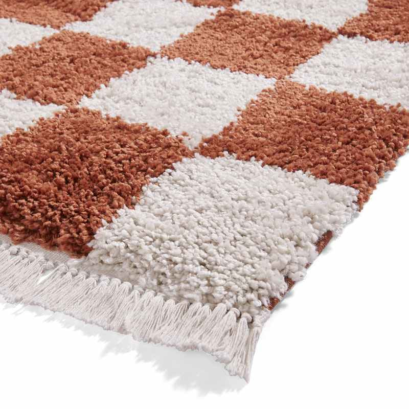 Boho 9433 Checkerboard Shaggy Modern Rugs in Rust Brown