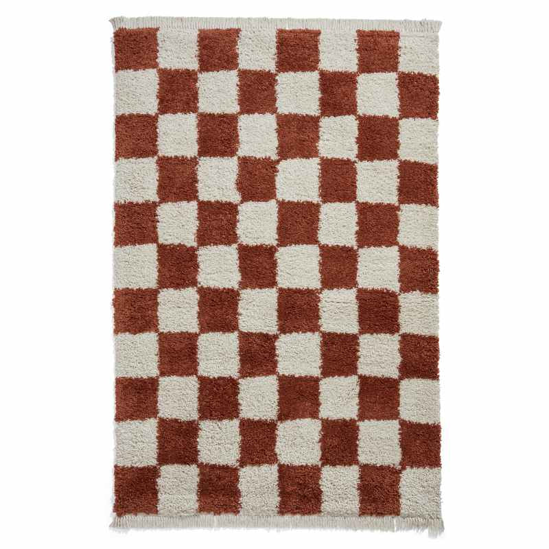 Boho 9433 Checkerboard Shaggy Modern Rugs in Rust Brown