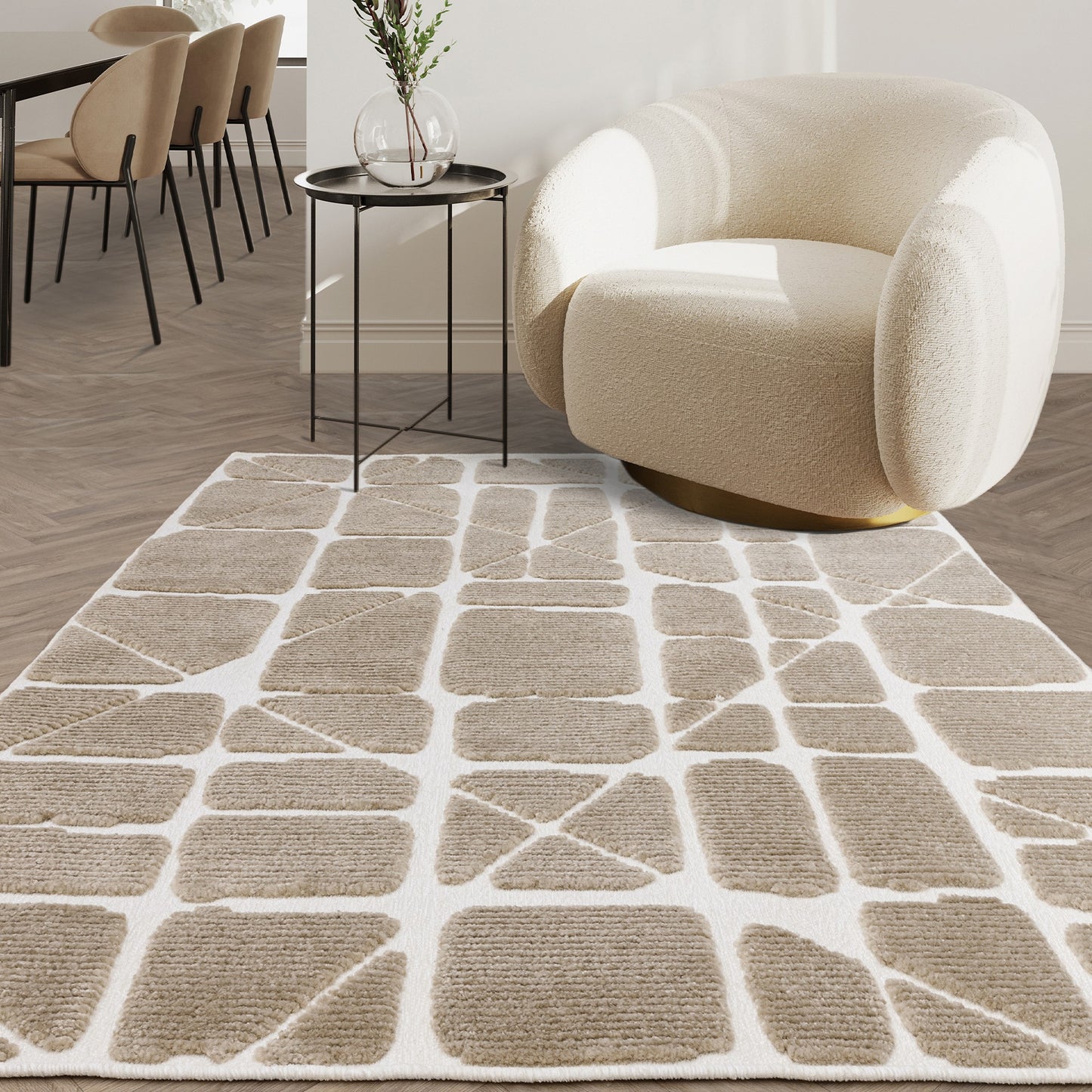 Freja Method Boho Textured Geometric Washable Rugs in Sand Natural