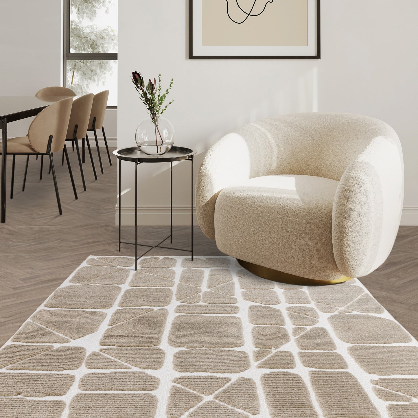 Freja Method Boho Textured Geometric Washable Rugs in Sand Natural