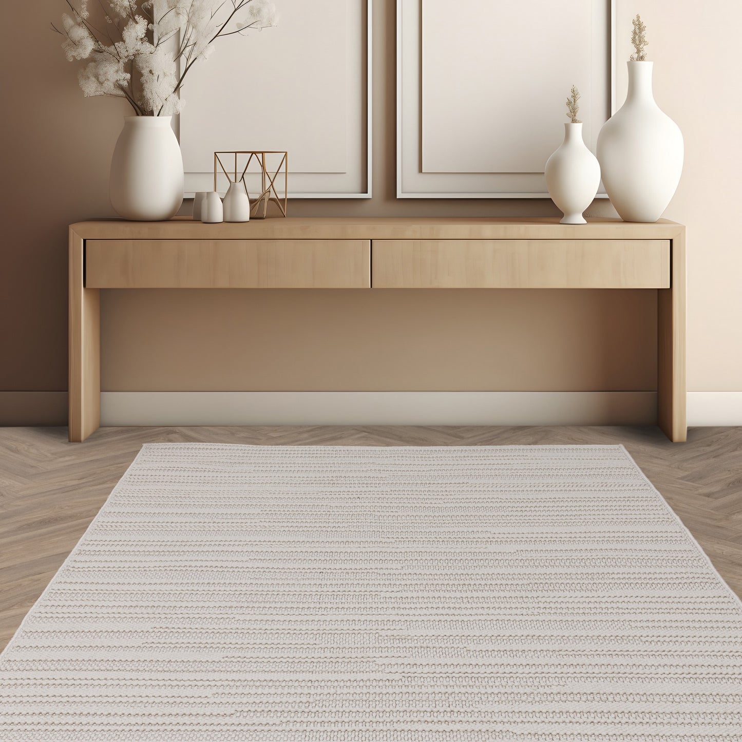 Camber Stripe Modern Textured Rugs in Ivory White