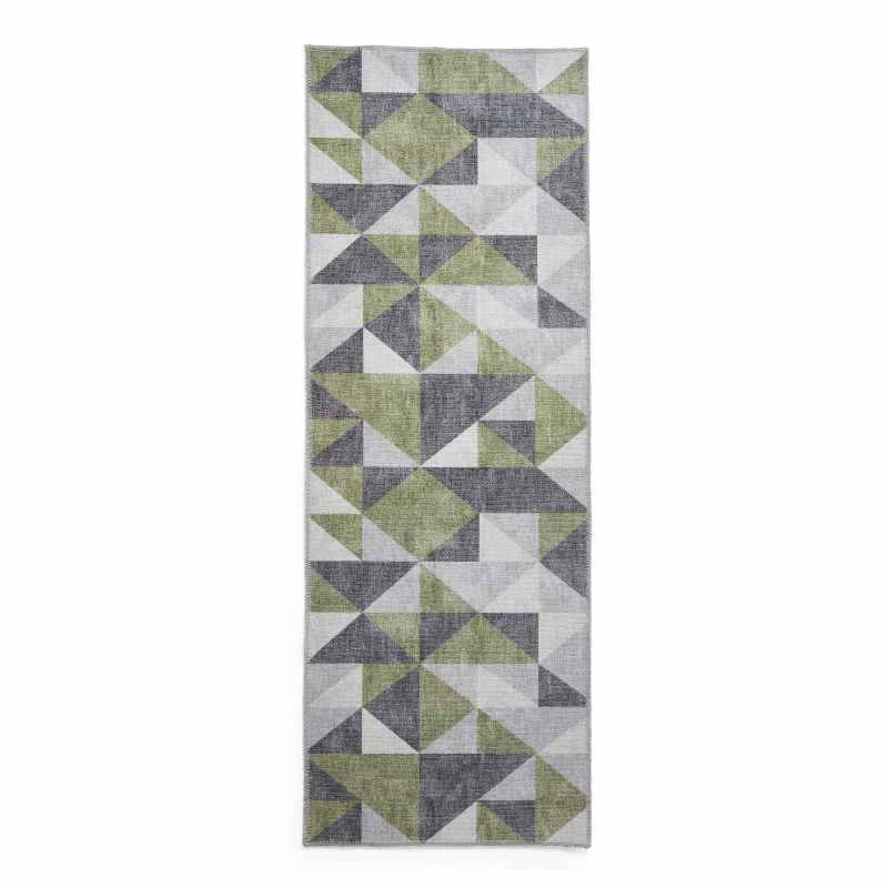 Coral H1057 Modern Washable Geometric Runner Rugs in Green Grey