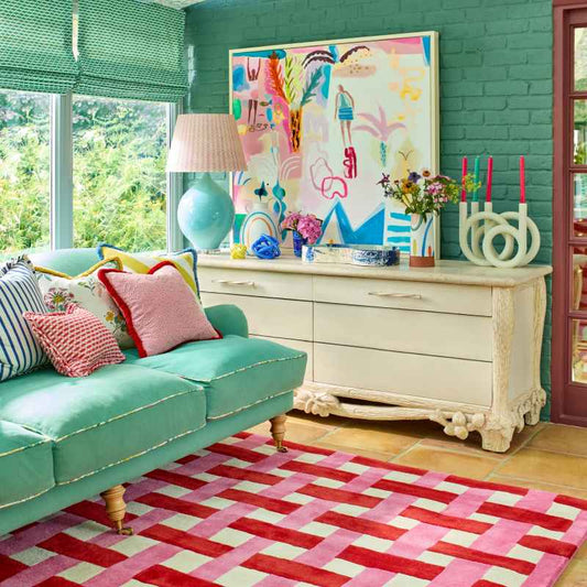 Basketweave Modern Check Wool Rugs 144102 Coral Rose by Harlequin x Sophie Robinson