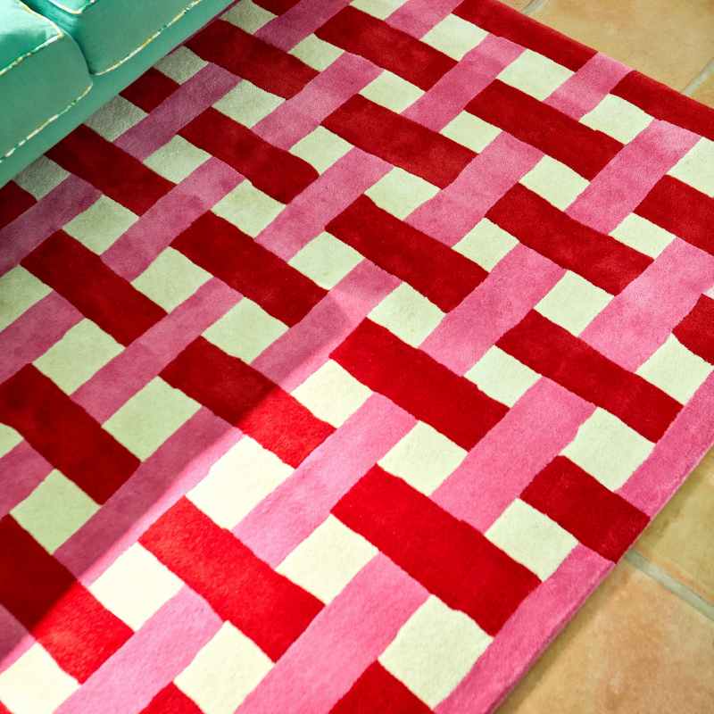 Basketweave Modern Check Wool Rugs 144102 Coral Rose by Harlequin x Sophie Robinson