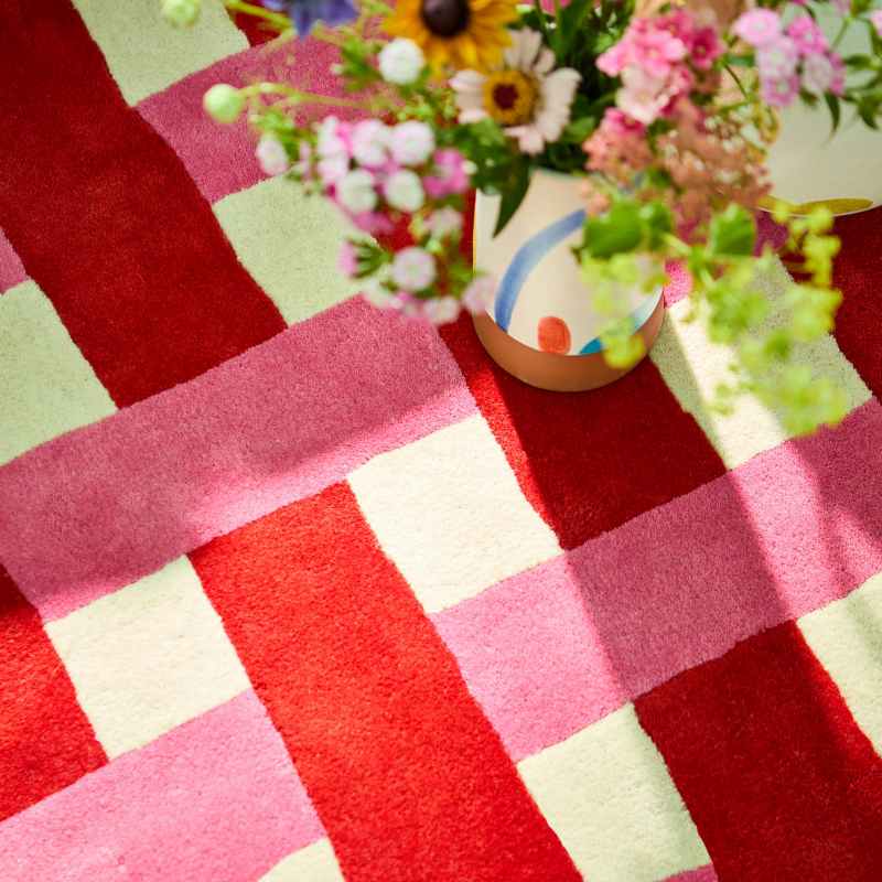 Basketweave Modern Check Wool Rugs 144102 Coral Rose by Harlequin x Sophie Robinson