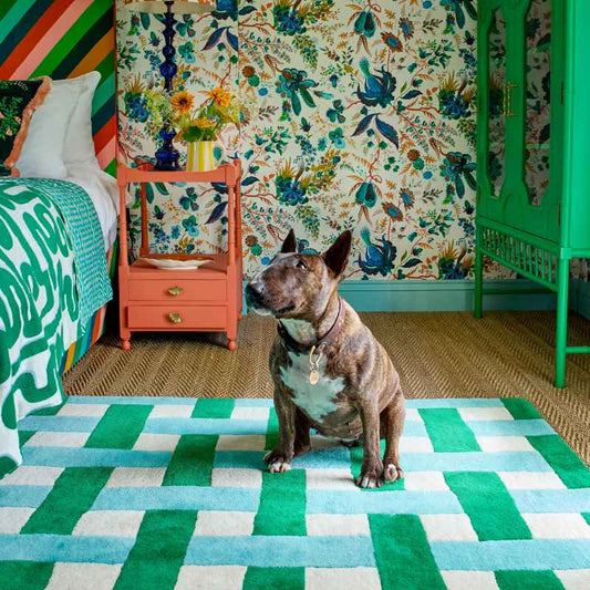 Basketweave Modern Check Wool Rugs 144107 Emerald Aquamarine by Harlequin x Sophie Robinson