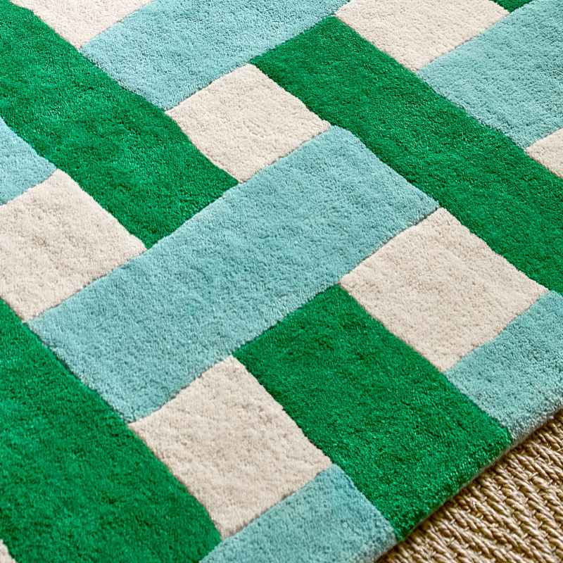 Basketweave Modern Check Wool Rugs 144107 Emerald Aquamarine by Harlequin x Sophie Robinson