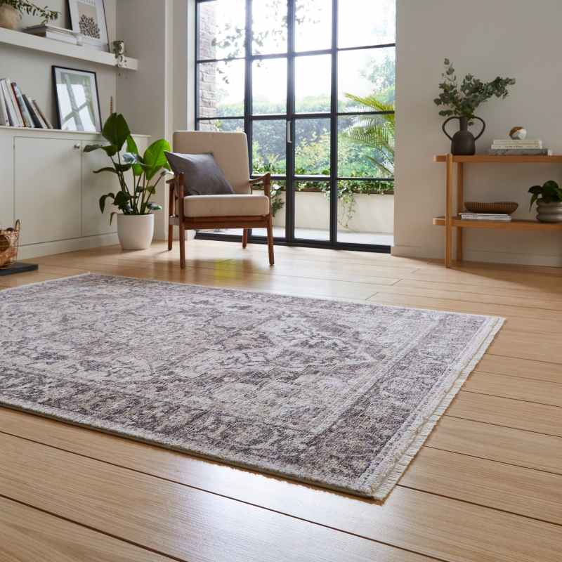 Vintage 35018 Traditional Motif Border Rugs in Grey