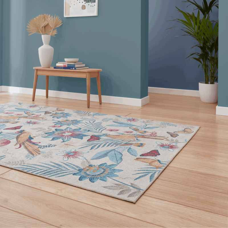Amaya Tropical Birds Botanical Washable Rugs by Catherine Lansfield in Blue
