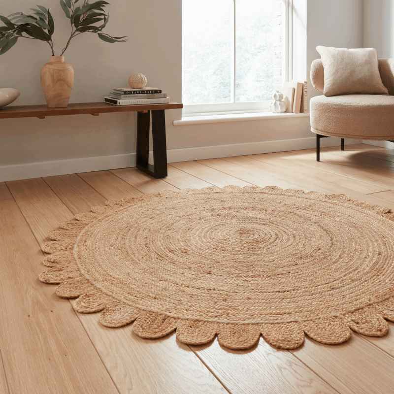 Savannah Jute Scallop Plain Flat Weave Round Rugs in Natural