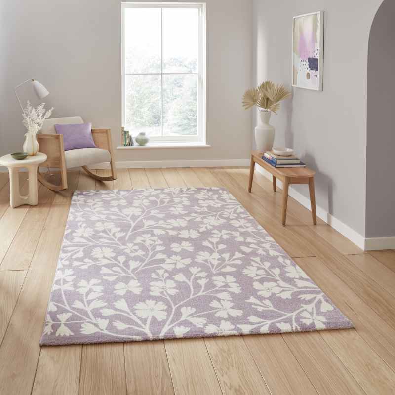 Grace Floral Modern Carved Rugs by Catherine Lansfield in Lilac Purple