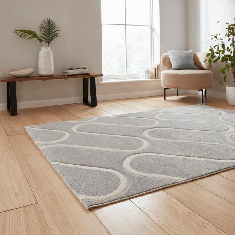 Linear Curve Modern Geometric Rugs by Catherine Lansfield in Grey