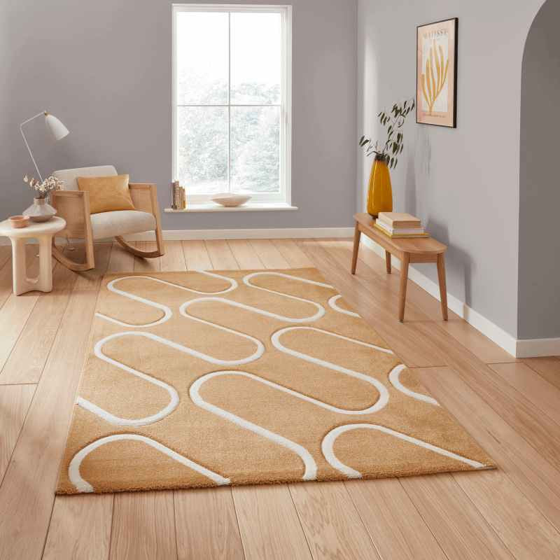 Linear Curve Modern Geometric Rugs by Catherine Lansfield in Ochre Yellow