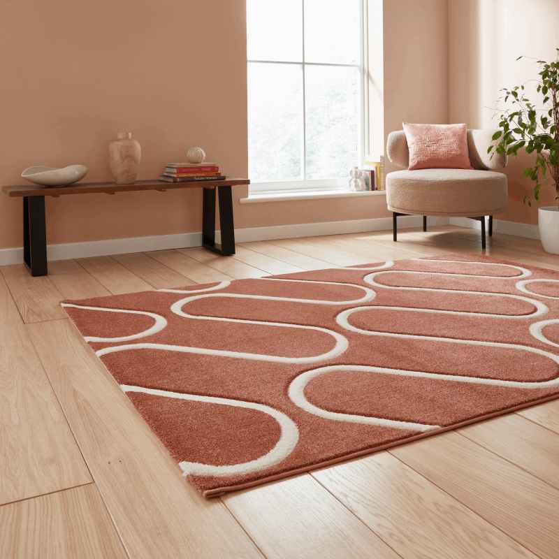 Linear Curve Modern Geometric Rugs by Catherine Lansfield in Terracotta Orange