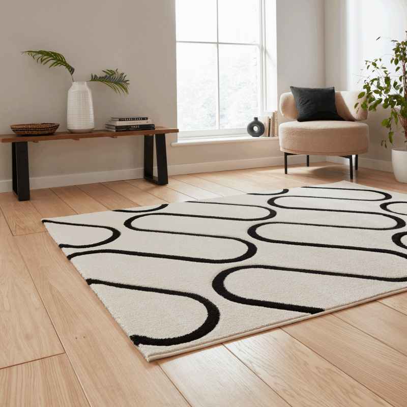Linear Curve Modern Geometric Rugs by Catherine Lansfield in White Black