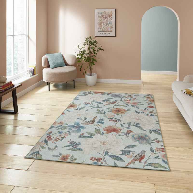 Pipa Floral Washable Rugs by Catherine Lansfield in Blue