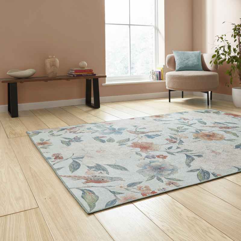 Pipa Floral Washable Rugs by Catherine Lansfield in Blue