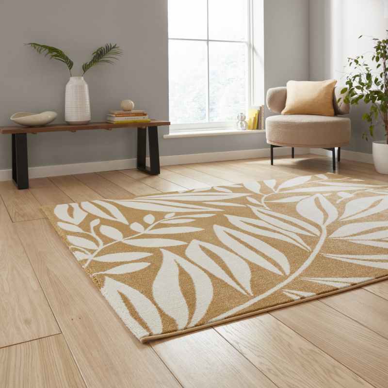 Sorral Leaves Modern Rugs by Catherine Lansfield in Ochre Yellow